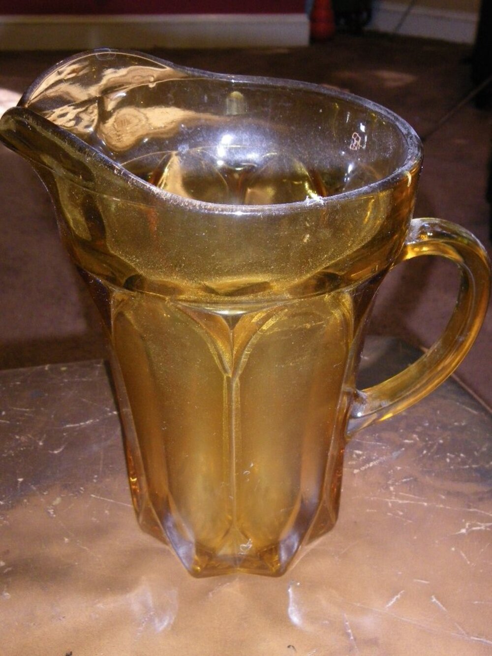 Vintage Thick Pressed Glass Amber Hued Pitcher